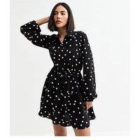 New Look Polka Dot Belted Mini Shirt Dress - Black