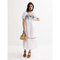 New Look Floral Embroidered Smock Midi Dress - White