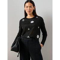 The Very Collection Embellished Flower Detail Lace Top - Black