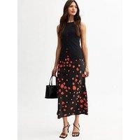 New Look Black Strawberry Print Satin Midi Skirt