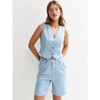 New Look Cropped Soft Denim Waistcoat - Light Blue