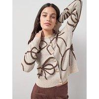 The Very Collection Crew Neck Brushed Yarn Bow Jacquard Cardigan With Wool - Beige