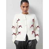 The Very Collection Crew Neck Bow Detail Cardigan With Wool - Cream