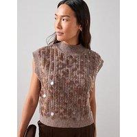 The Very Collection Style Yarn Funnel Neck Sleeveless Sequin Tank With Wool - Brown