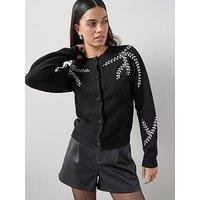 The Very Collection Crew Neck Embellished Cardigan With Wool - Black