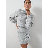 The Very Collection Timeless Yarn Funnel Neck 3D Flower Dress - Grey
