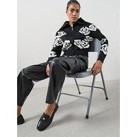The Very Collection Style Yarn Zip Through Rose Jacquard Cardigan With Wool - Black