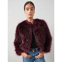 The Very Collection Crew Neck Faux Fur Cardigan - Burgundy