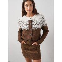 The Very Collection Crew Neck Fairisle Jacquard Cardigan With Wool - Chocolate