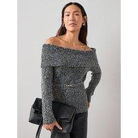 The Very Collection Bardot Belted Twist Yarn Jumper With Wool - Grey