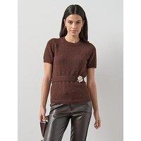 The Very Collection Crew Neck Belted Jumper With Detachable Brooch - Chocolate