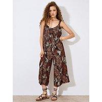 Apricot Print Wide Leg Jumpsuit - Black/Brown/Orange