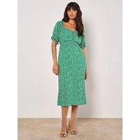 Apricot Btn Thru Spot Print Milkmaid Dress
