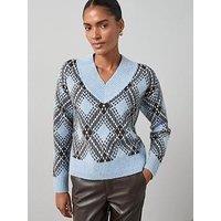 The Very Collection Deep V Neck Argyle Jacquard Jumper With Wool - Blue