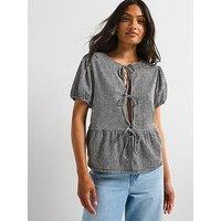 V By Very Puff Sleeve Tie Front Gingham Top - Black