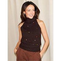 Michelle Keegan Drop Bead Wool Blend Knitted Polo Neck - Brown