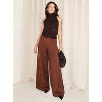 Michelle Keegan Ultra Wide Sheer Waistband Trouser - Brown