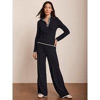 Mint Velvet Ribbed Contrast Trim Wide Trousers - Navy