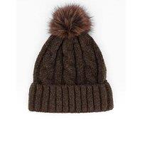 The Very Collection Cable Knitted Beanie With Faux Fur Pom Pom - Chocolate