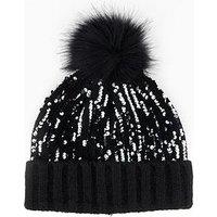 The Very Collection Knitted Sequin Beanie With Faux Fur Pom Pom - Black