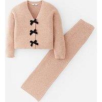 V By Very Girls Cardigan With Button Up Bows And Wide Leg Trouser Set