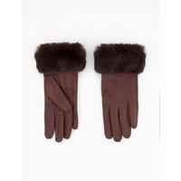 The Very Collection Suedette Fur Trim Gloves - Brown