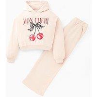 V By Very Girls Cherry Print Slogan Sweat With Wide Leg Joggers - Multi