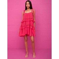 Pitusa Beaded Ruffle Tiered Mini Beach Dress - Pink