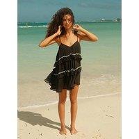 Pitusa Beaded Ruffle Tiered Mini Beach Dress - Black