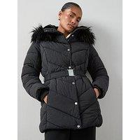 The Very Collection Padded Short Coat With Faux Fur Trim - Black