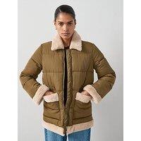 The Very Collection Padded Coat With Contrast Trim - Khaki