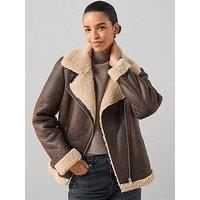 The Very Collection Faux Shearling Distressed Aviator Jacket - Brown