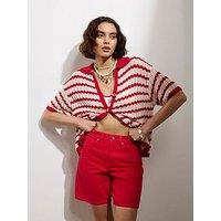 River Island Stripe Crochet Polo Top - Red