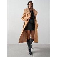 The Very Collection Faux Fur Collared Belted Coat - Light Brown