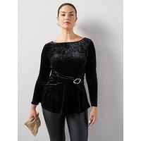 The Very Collection Curve Buckle Trim Velvet Top - Black