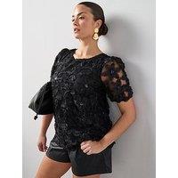 The Very Collection Curve Embellished Floral Bow Back Top - Black