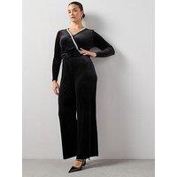 The Very Collection Curve Embellished Velvet Wide Leg Jumpsuit - Black