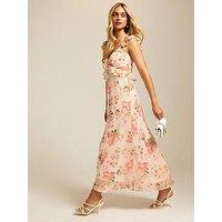 New Look Chiffon Rose Print Ruffle Cut Out Midi Dress - Cream