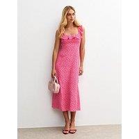 New Look Polka Dot Ruffle Trimmed Midi Dress - Pink