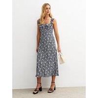 New Look Navy Gingham Check Floral Print Midi Dress - Blue