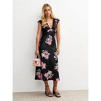 New Look Floral Print Lace Trimmed Satin Midi Dress - Black