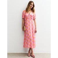 New Look Check Print Ruffle Front Satin Midi Dress - Pink