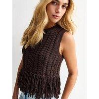New Look Dark Brown Open Knit Fringe Trim Sleeveless Vest