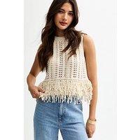 New Look Cream Open Knit Fringe Trim Sleeveless Vest