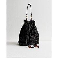 New Look Floral Woven Raffia Drawstring Bucket Bag - Black