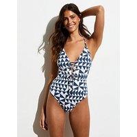 New Look Blue Geometric-Print Lace-Front Swimsuit