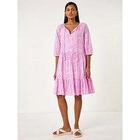 Roman Cotton Broderie Tiered Smock Dress - Pink