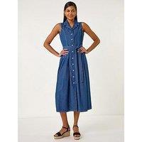 Roman Denim Button Through Midi Dress - Blue
