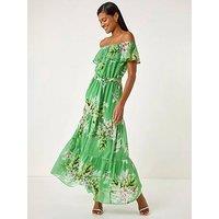 Roman Floral Bardot Belted Maxi Dress - Green