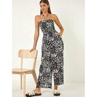 Roman Abstract Print Shirred Bandeau Jumpsuit - Black